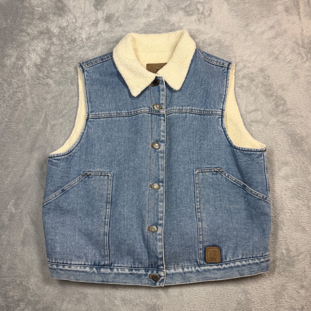 Lauren Jeans Co Ralph Lauren Denim Vest Women 1X Blue Sherpa Lined Trucker Y2K